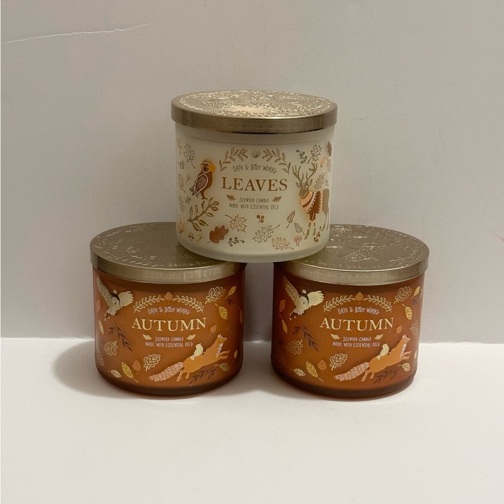 Bath & Body Works 2019 AUTUMN & LEAVES 3 Wick 14.5oz Candle  Bundle